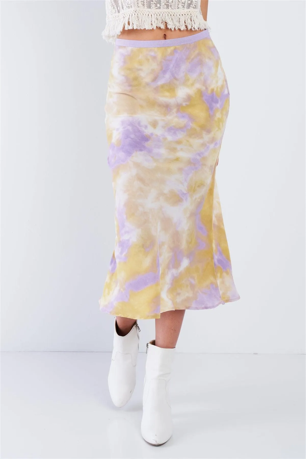 Lavender High Waisted Tie Dye Satin Midi Skirt