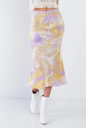 Lavender High Waisted Tie Dye Satin Midi Skirt