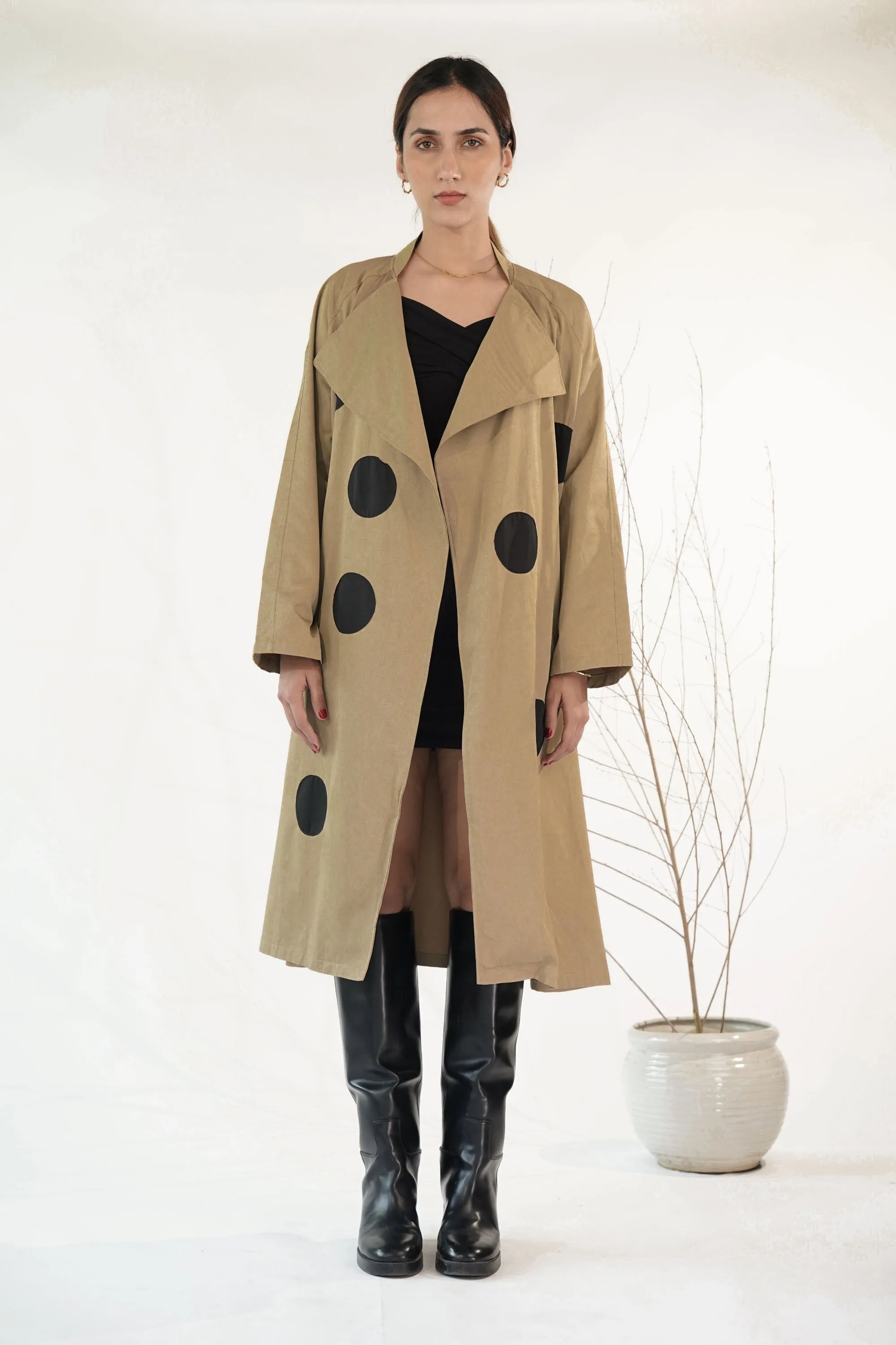 Light Brown Trench Coat With Patch Polka Dot