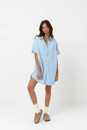 Linen Mini Button Up Shirt Dress Blue