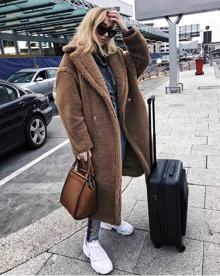 Long Faux Fur Camel Teddy Coat Maxi Jackets