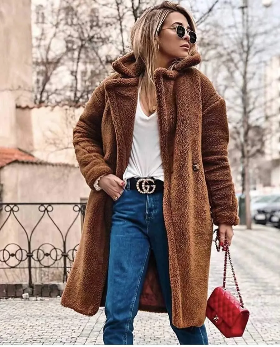 Long Faux Fur Camel Teddy Coat Maxi Jackets