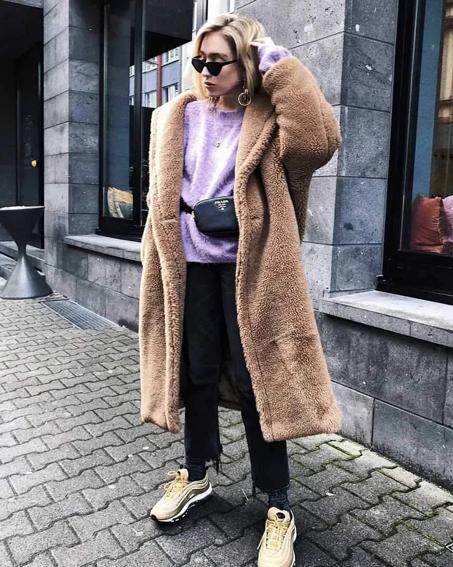 Long Faux Fur Camel Teddy Coat Maxi Jackets