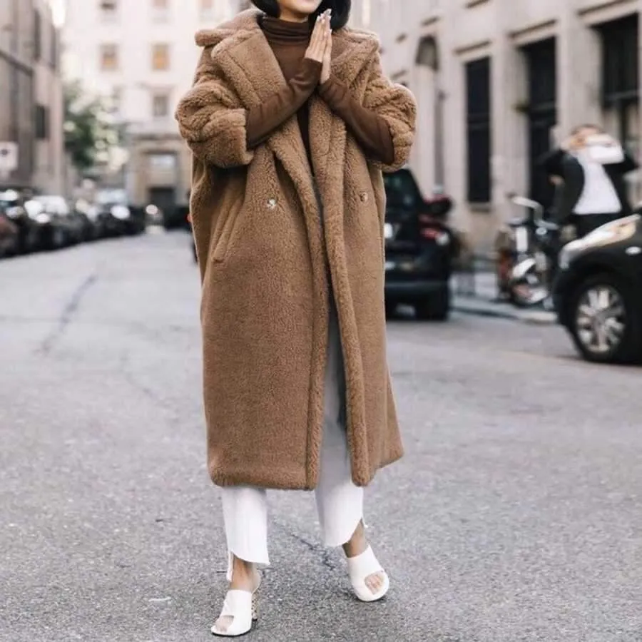 Long Faux Fur Camel Teddy Coat Maxi Jackets