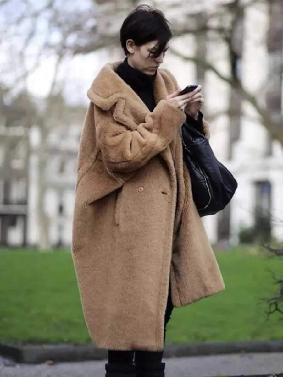 Long Faux Fur Camel Teddy Coat Maxi Jackets