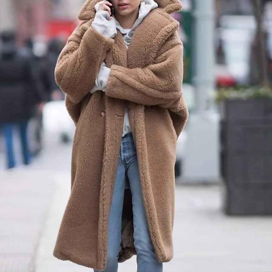 Long Faux Fur Camel Teddy Coat Maxi Jackets