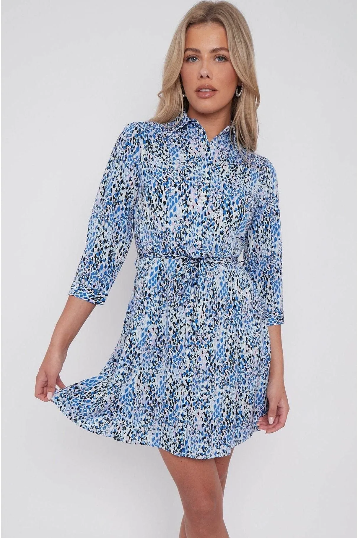 LOVE SUNSHINE Blue Leopard Print Belted Mini Shirt Dress