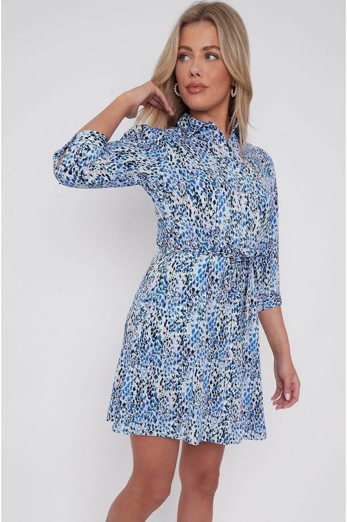 LOVE SUNSHINE Blue Leopard Print Belted Mini Shirt Dress