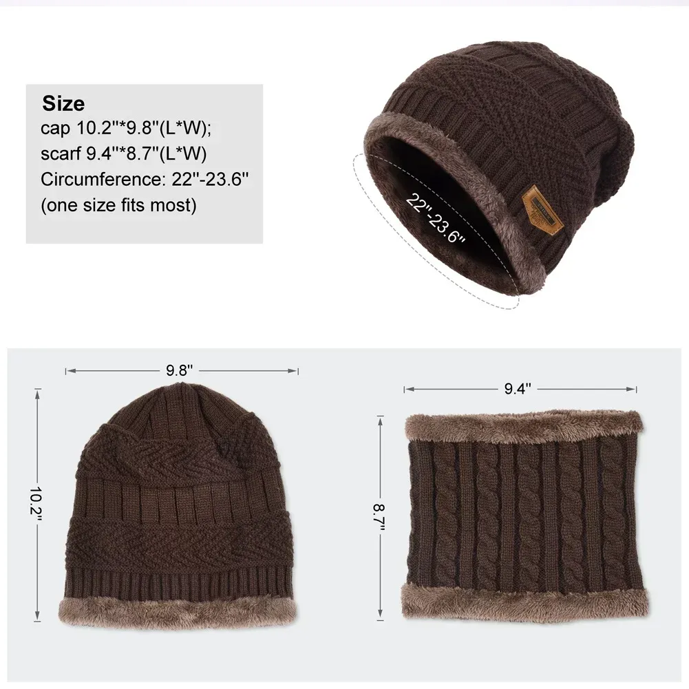 Men Winter Beanie Hat Scarf Set Warm Knit Hat Thick Knit Skull Cap ZB087