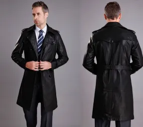 Men's Black Leather Mid-Length Trench Coat MC10