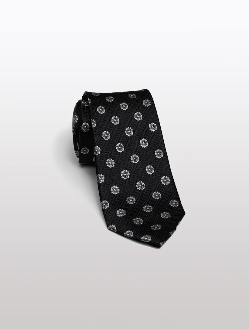 Men's Black with Silver Motif Patterned 100% Silk Tie