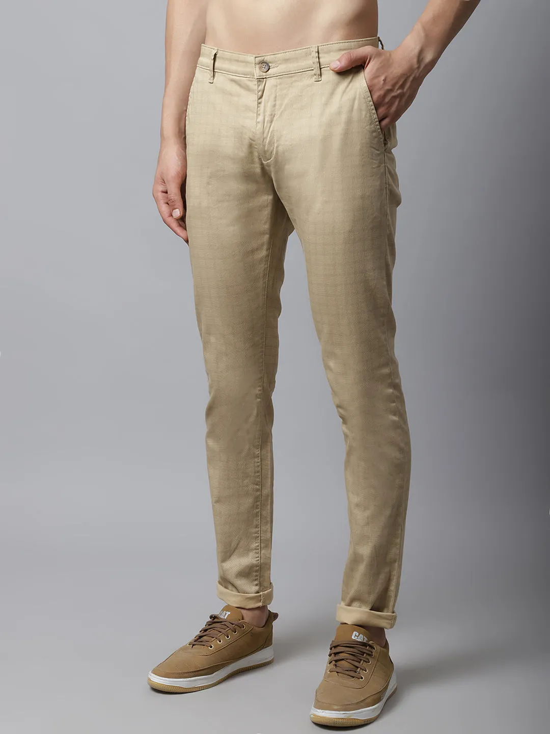 Men's Casual Flat front Khaki Checks Trousers