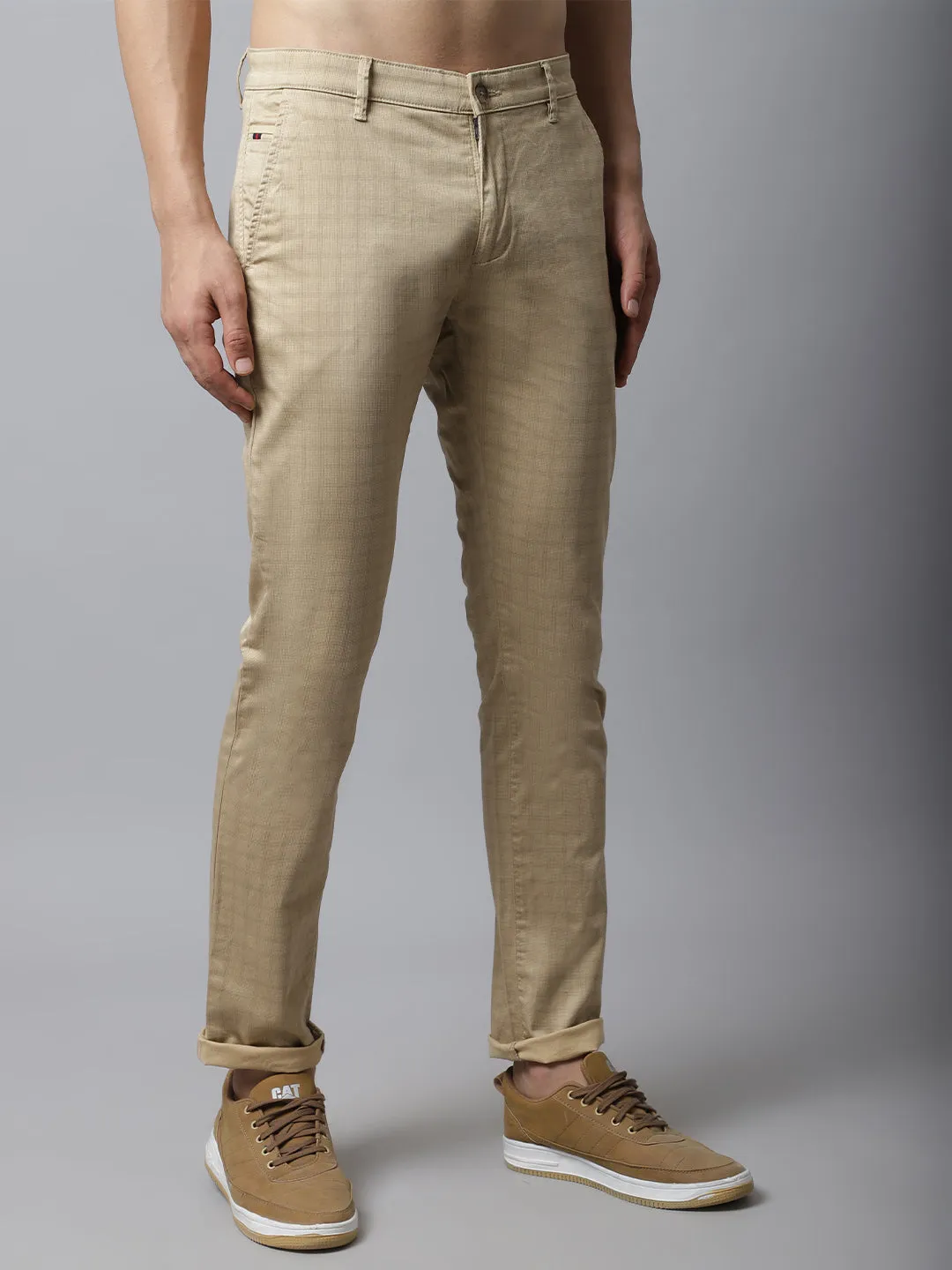 Men's Casual Flat front Khaki Checks Trousers