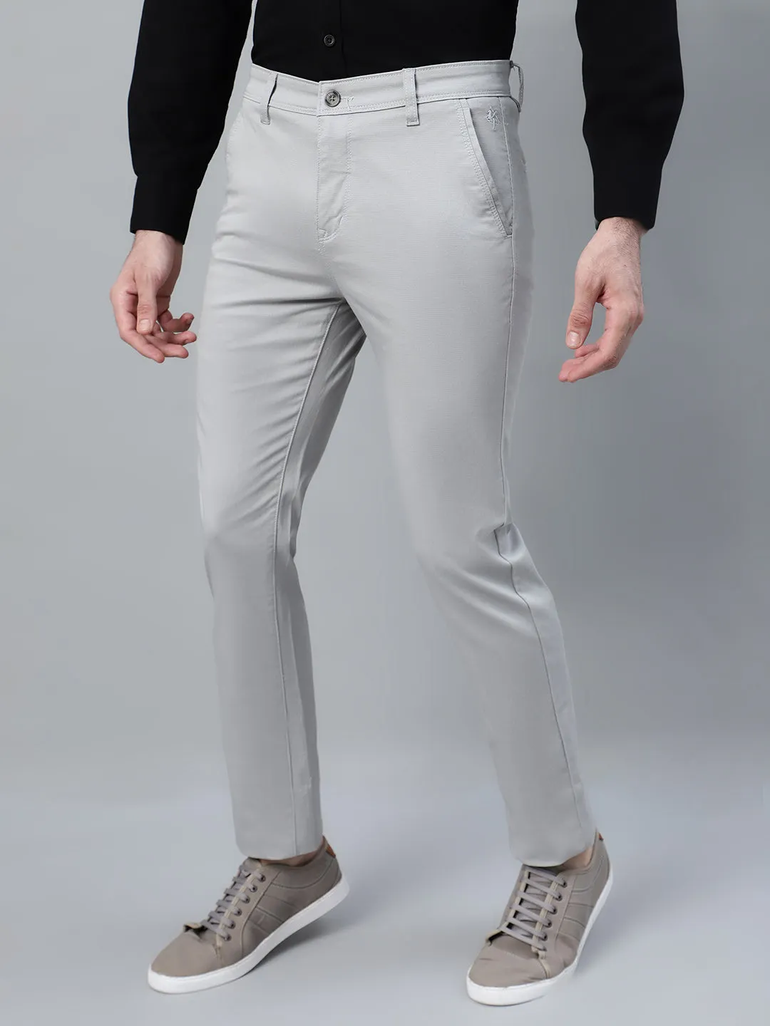 Men's Grey Self Design Non-Pleated Casual Trouser