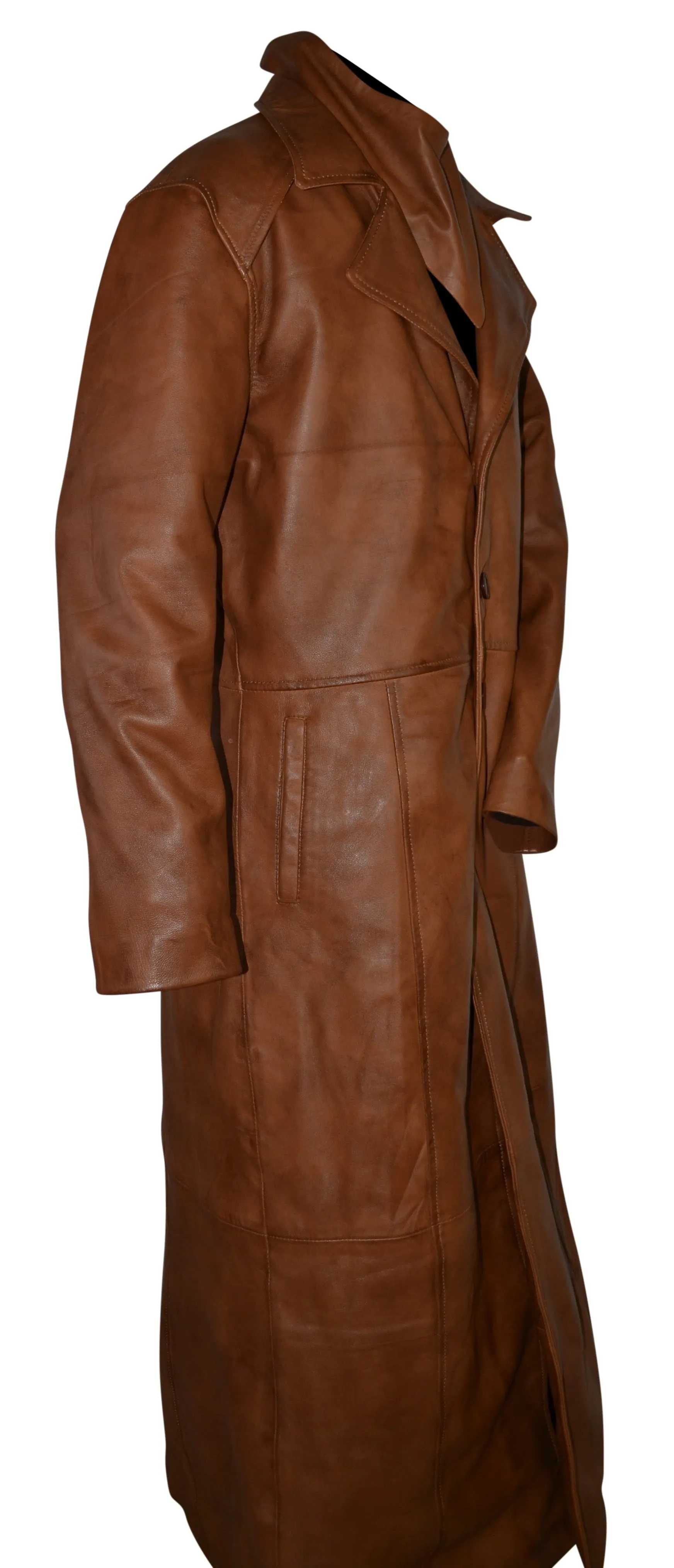 Mens Single Breasted Waxed Brown Long Leather Coat