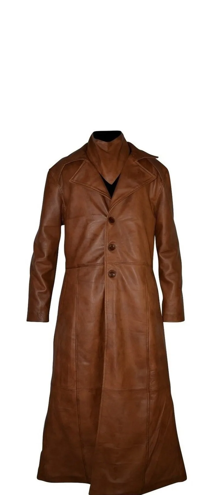 Mens Single Breasted Waxed Brown Long Leather Coat