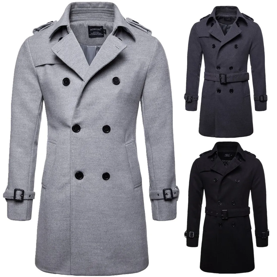 Men's Woolen Jacket Mid Length Trench Coat Double Breasted Men Slim Fit | B050