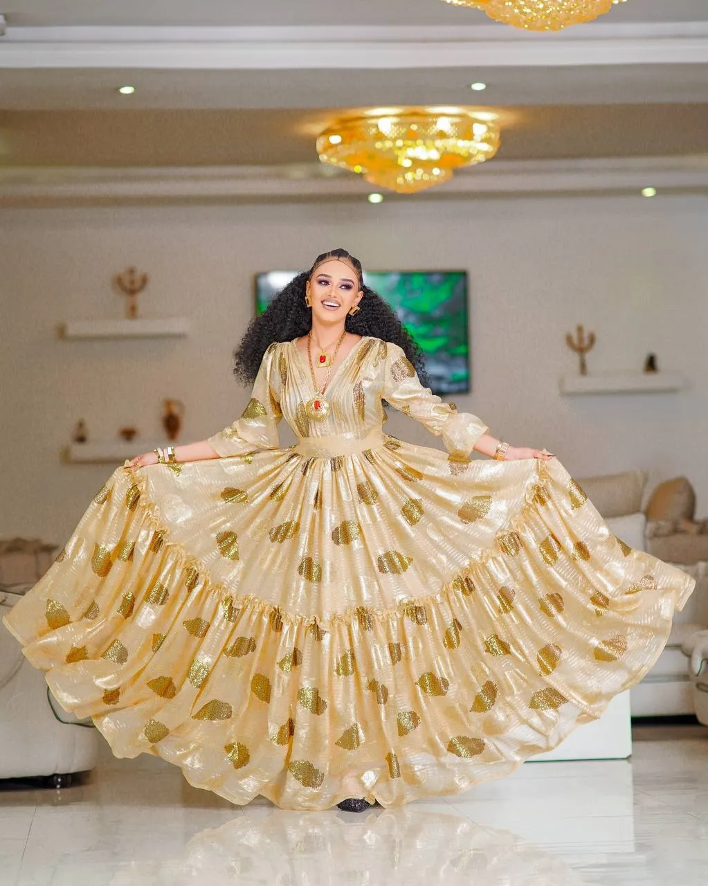 Mesmerizing Beige Habesha Dress: with Eye Catching Golden Dot Details Ethiopian Chiffon Dress