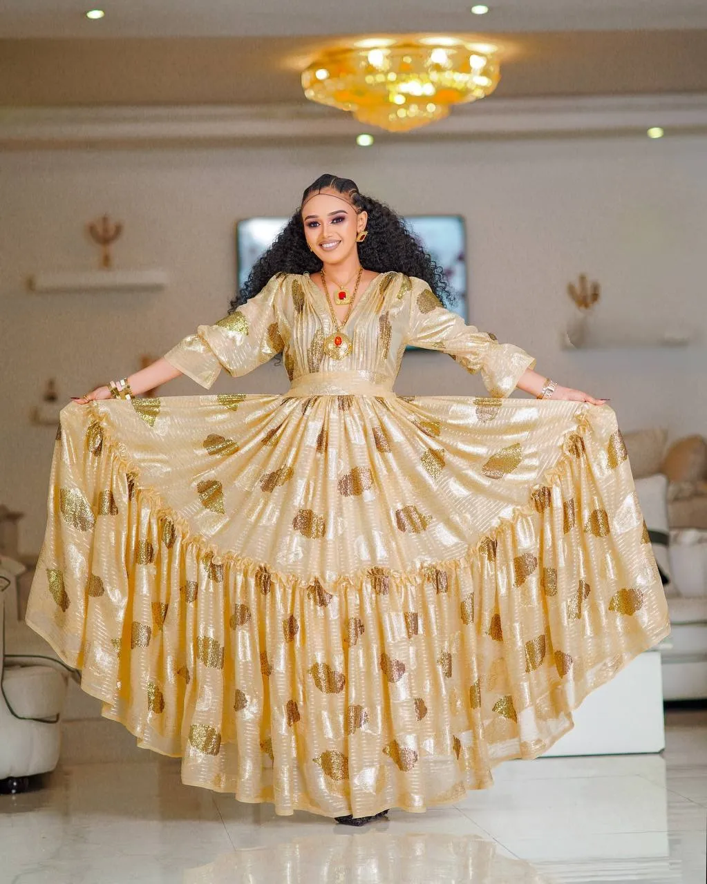 Mesmerizing Beige Habesha Dress: with Eye Catching Golden Dot Details Ethiopian Chiffon Dress