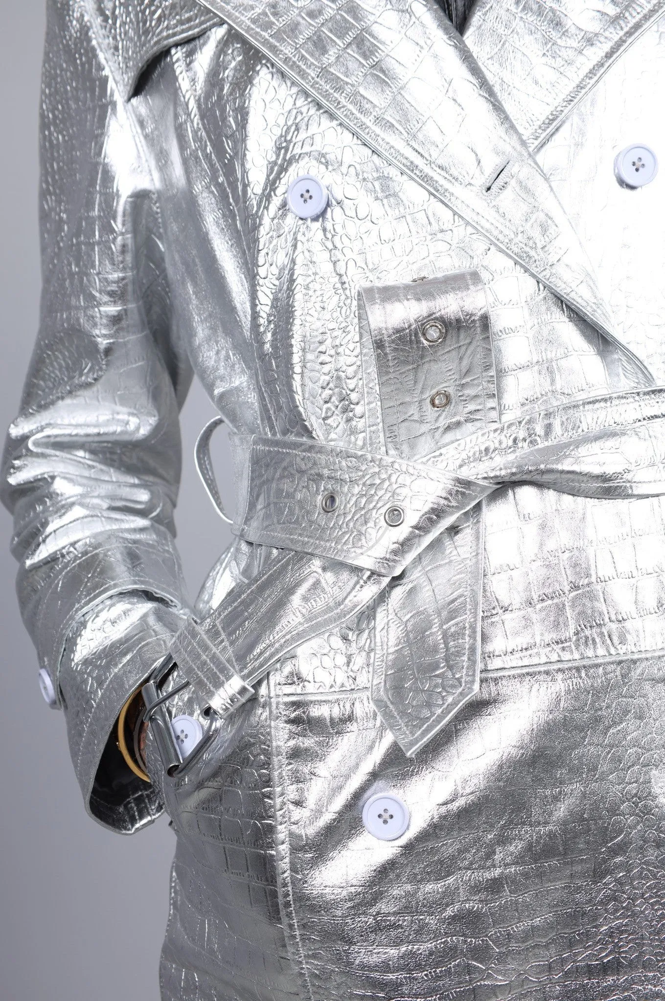 Metallic Leather Snake Trench Coat - Silver