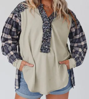 Mixed Print Half Button Pullover