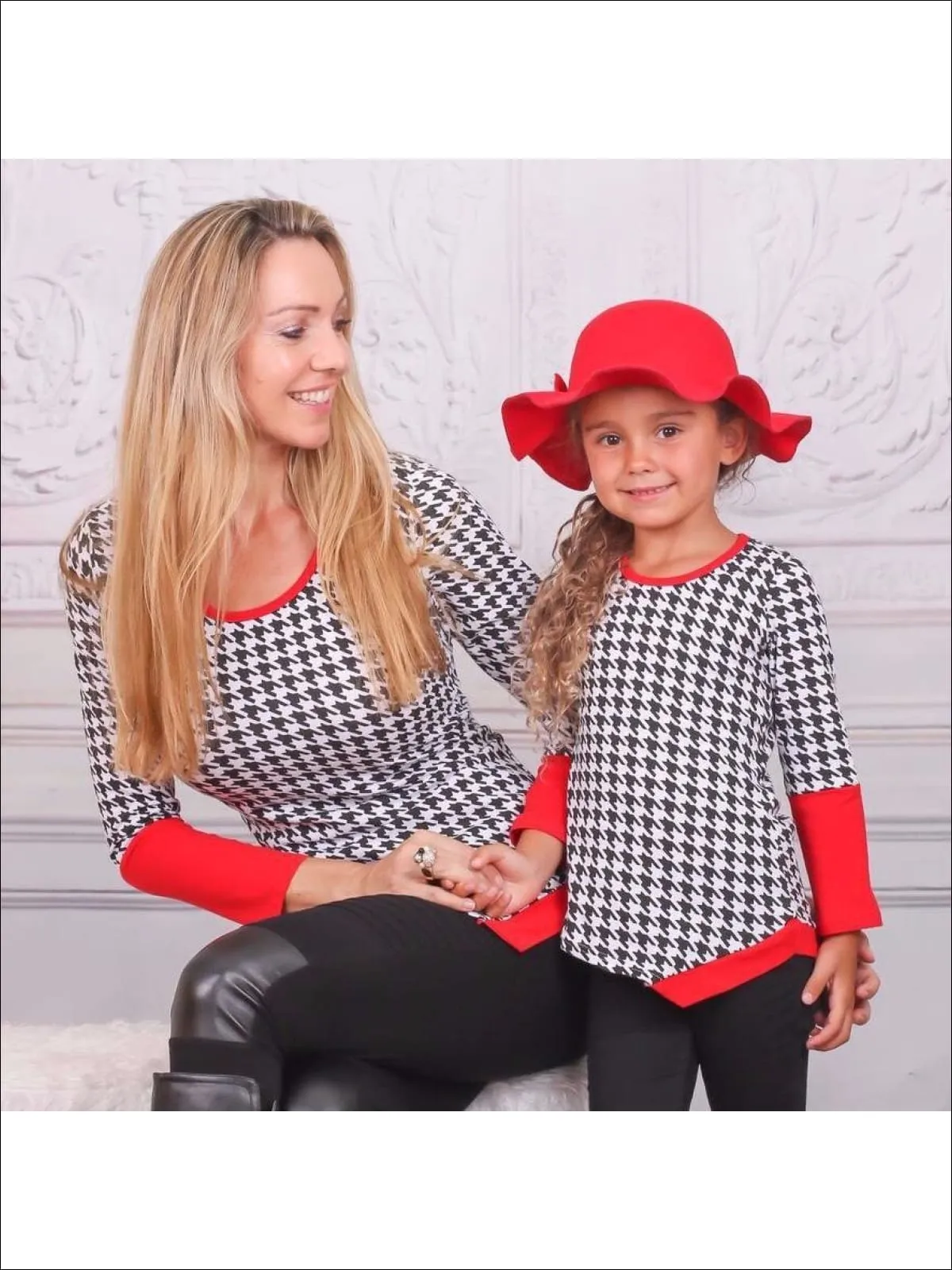 Mommy and Me Black and Red Houndstooth Matching Asymmetric Tunic