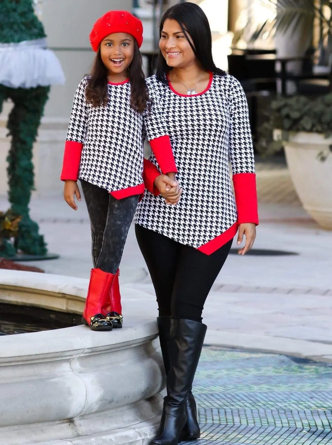 Mommy and Me Black and Red Houndstooth Matching Asymmetric Tunic