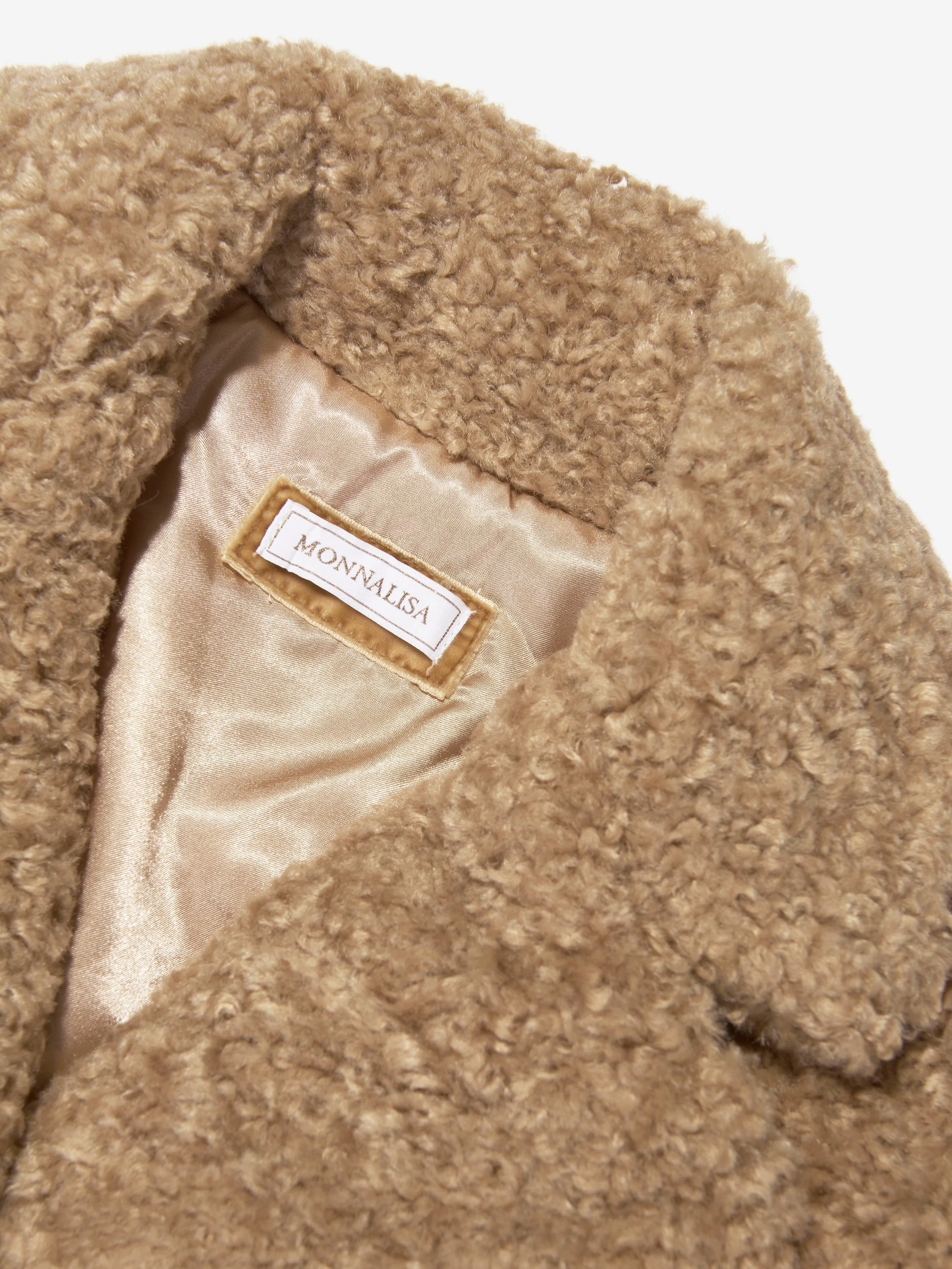 Monnalisa Girls Plush Teddy Coat in Beige