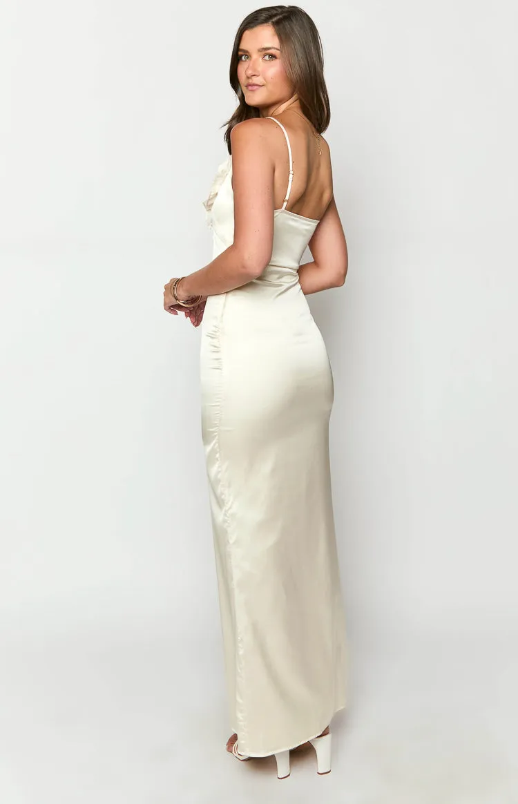 Nahanee Cream Satin Ruffle Maxi Dress