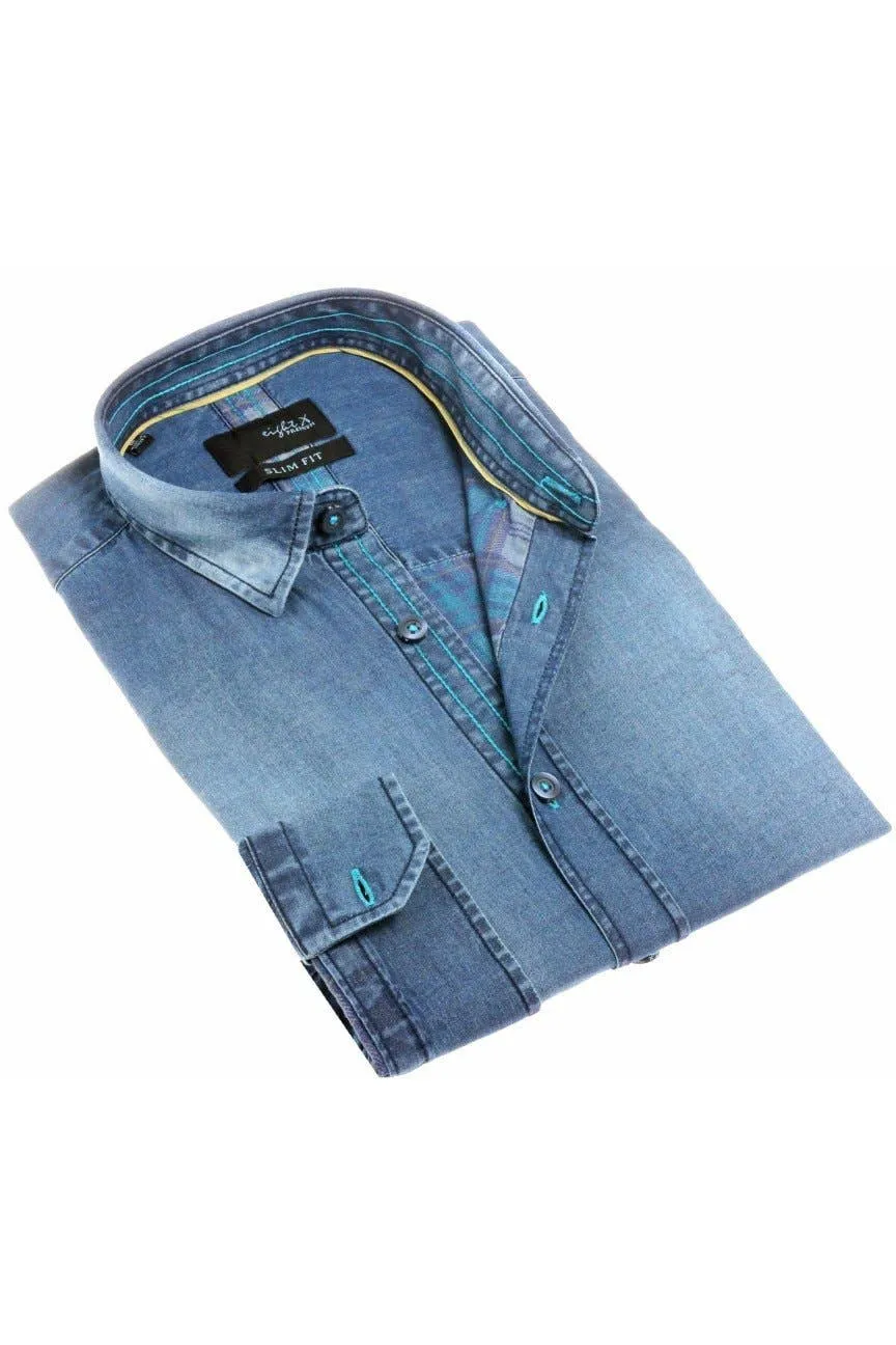 Navy Stone Wash Denim Shirt #H-1902