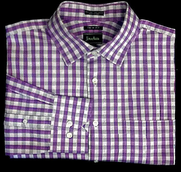 Neiman Marcus Purple Check Dress/ Fashion Shirt- size (16.5x36/37) Trim Fit