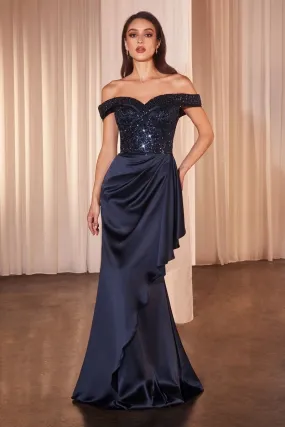 OFF THE SHOULDER SATIN & BEADED GOWN CDCR877