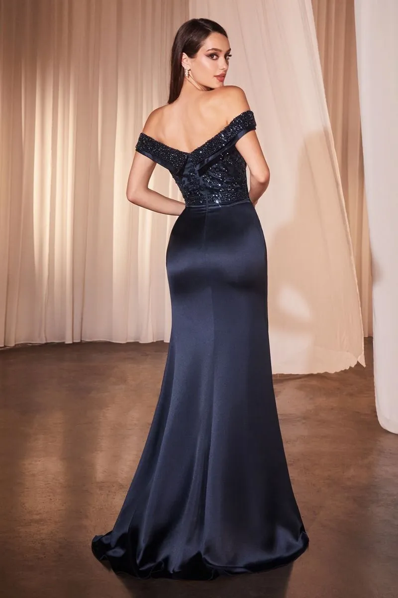 OFF THE SHOULDER SATIN & BEADED GOWN CDCR877