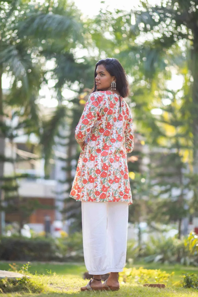 Orange & White Hand Block Print Two Piece Co-ord Set