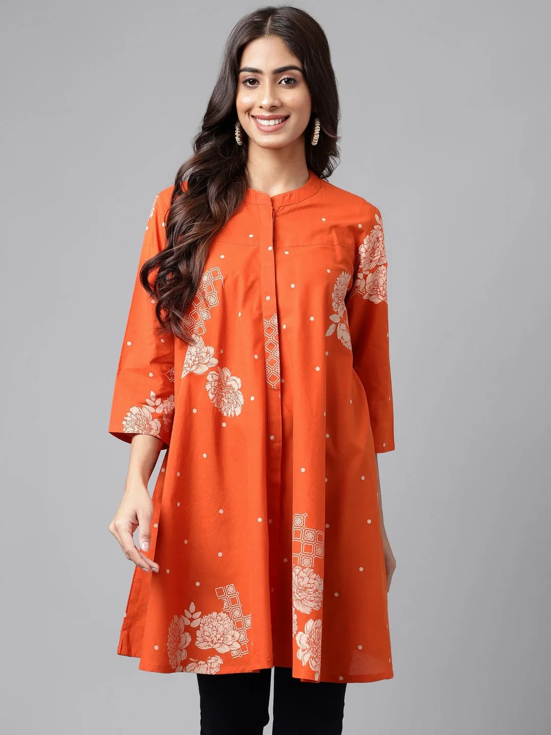 Orange Cotton Floral Printed Flared Tunic