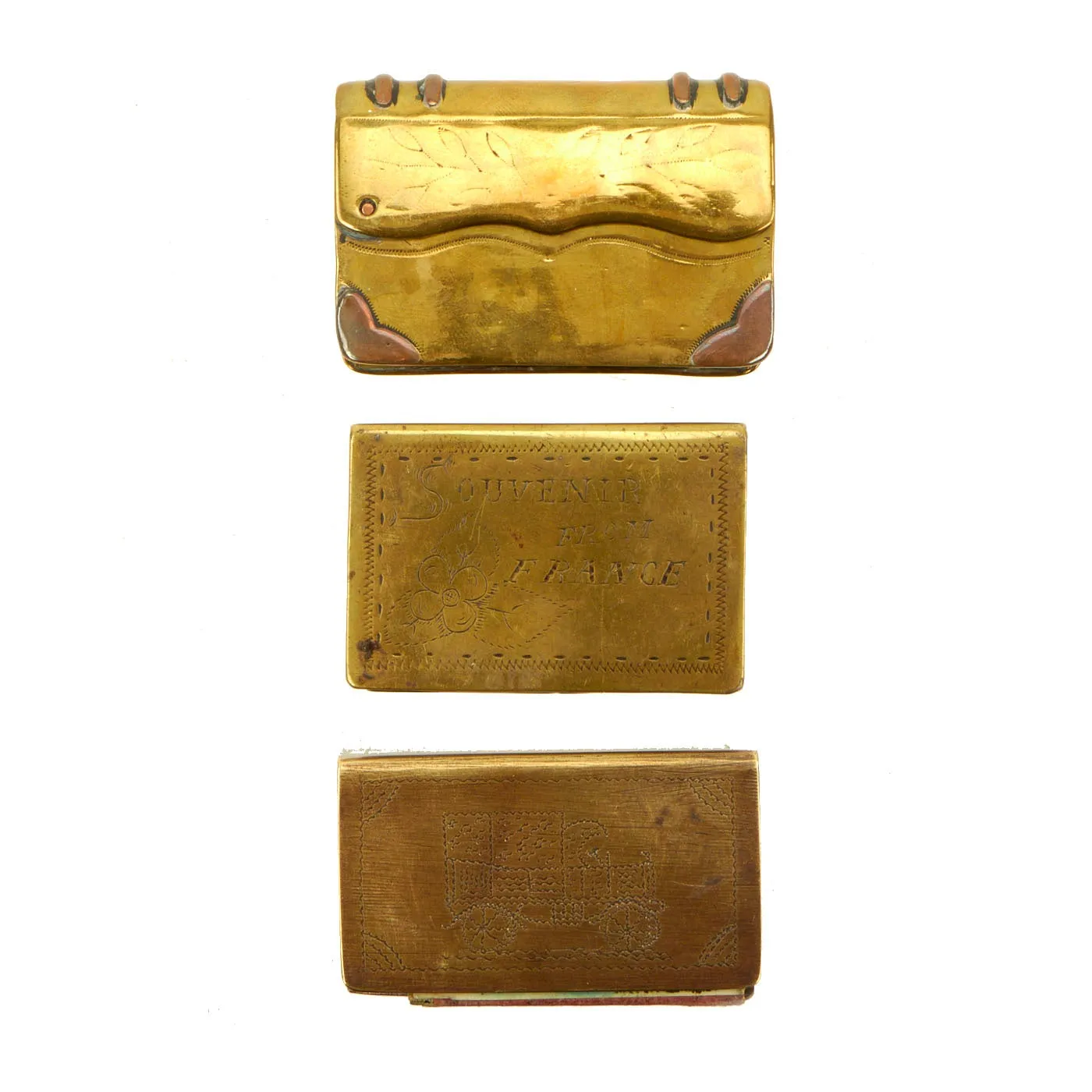 Original French WWI Brass Trench Art Lighter and Matchbox Holder Set - 3 Items