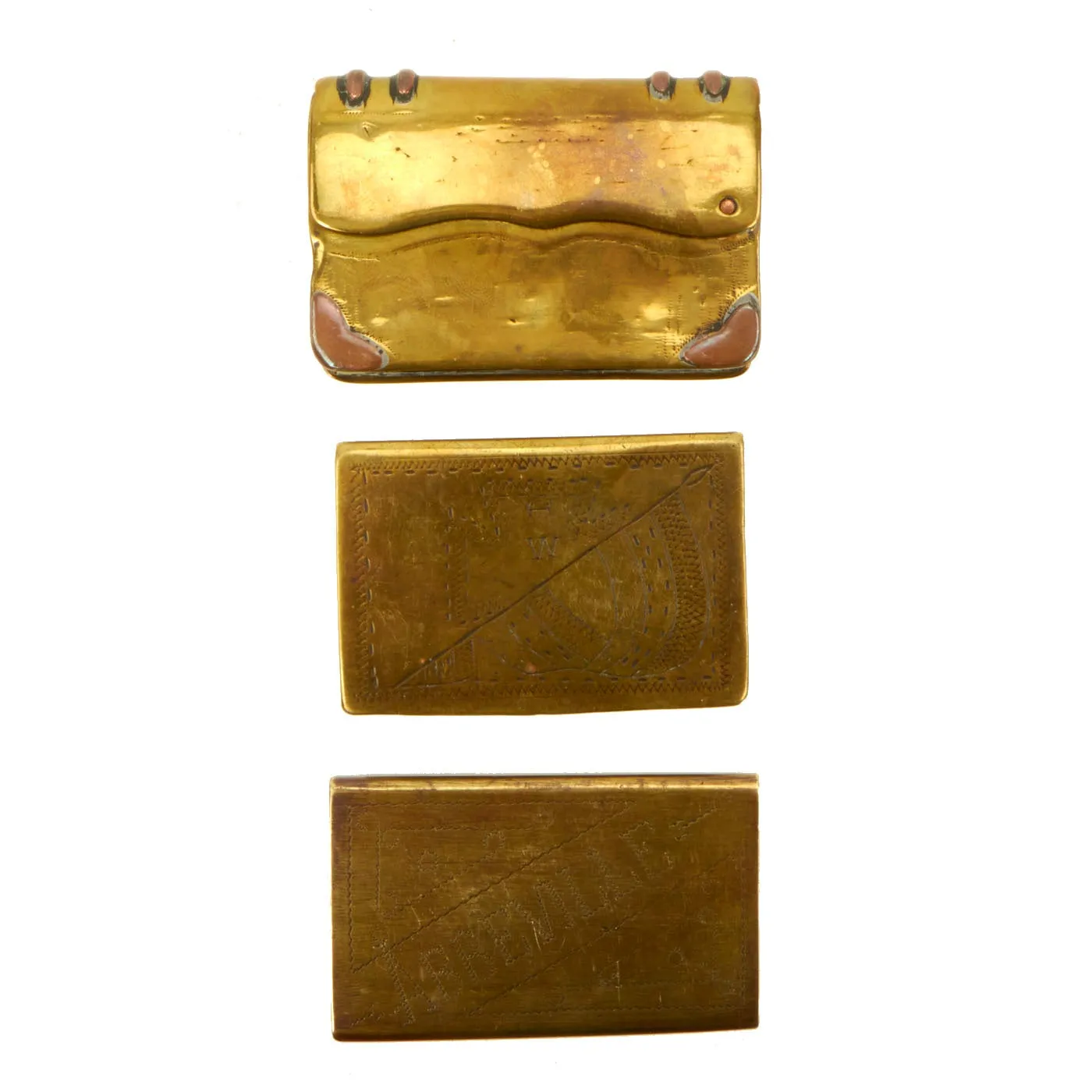 Original French WWI Brass Trench Art Lighter and Matchbox Holder Set - 3 Items