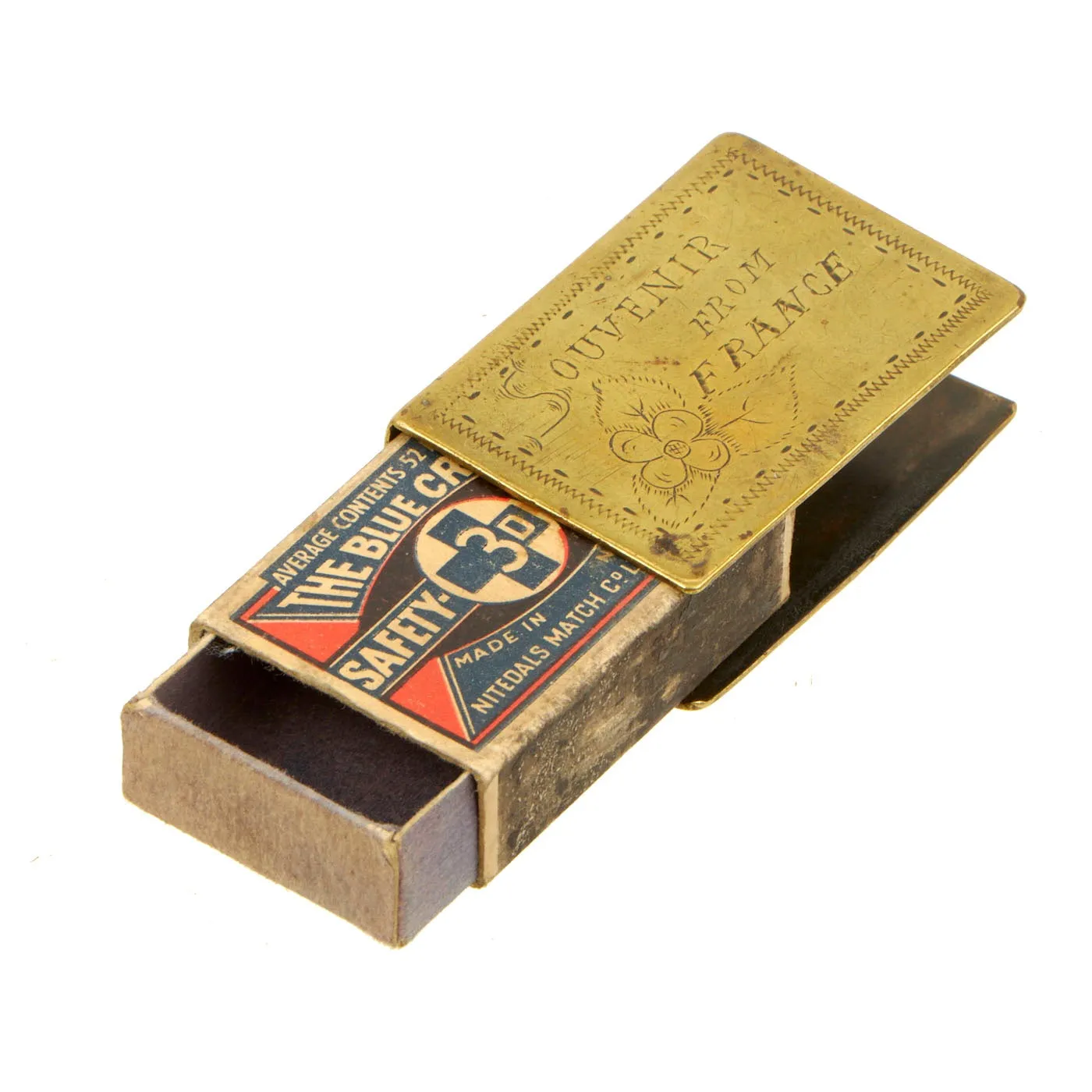 Original French WWI Brass Trench Art Lighter and Matchbox Holder Set - 3 Items