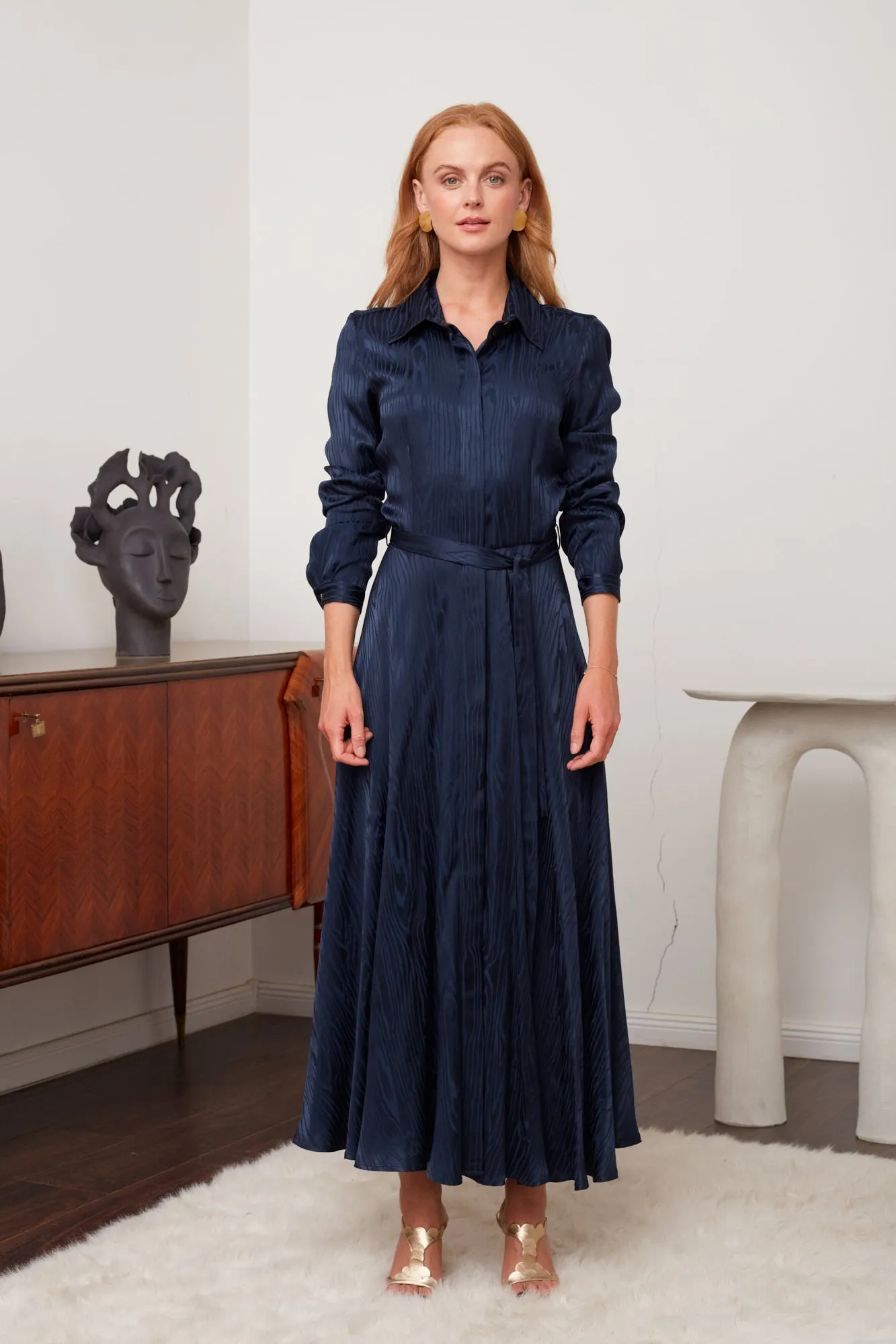 PAOLA blue jacquard viscose shirt dress with circle skirt