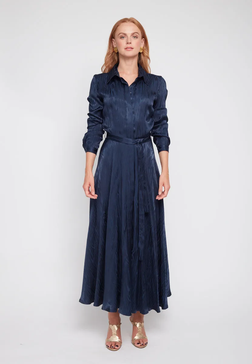 PAOLA blue jacquard viscose shirt dress with circle skirt