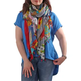 Patchwork Tropical Pattern Tasseled Cotton Scarf Navy Red