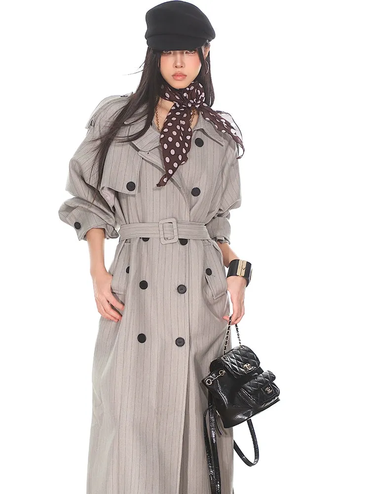 Pinstripe Double-Breasted Trench Coat with Belt Detail