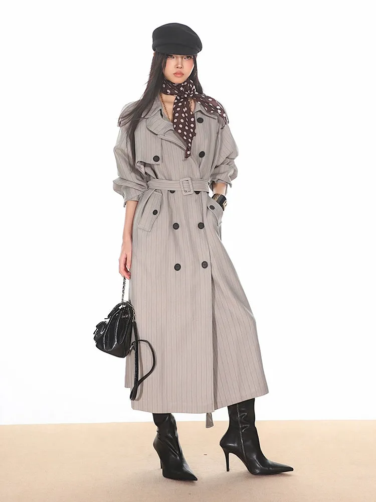 Pinstripe Double-Breasted Trench Coat with Belt Detail