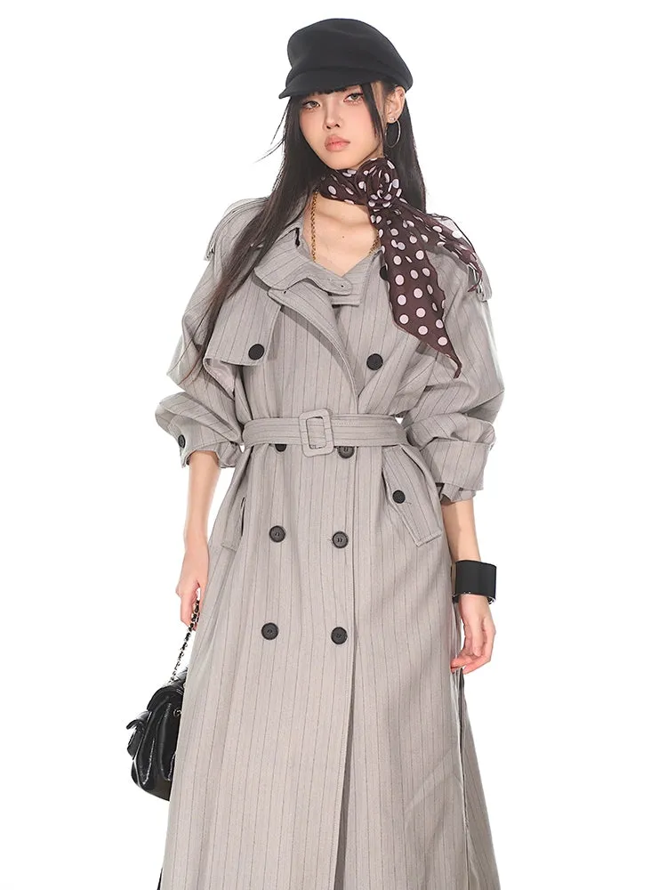 Pinstripe Double-Breasted Trench Coat with Belt Detail