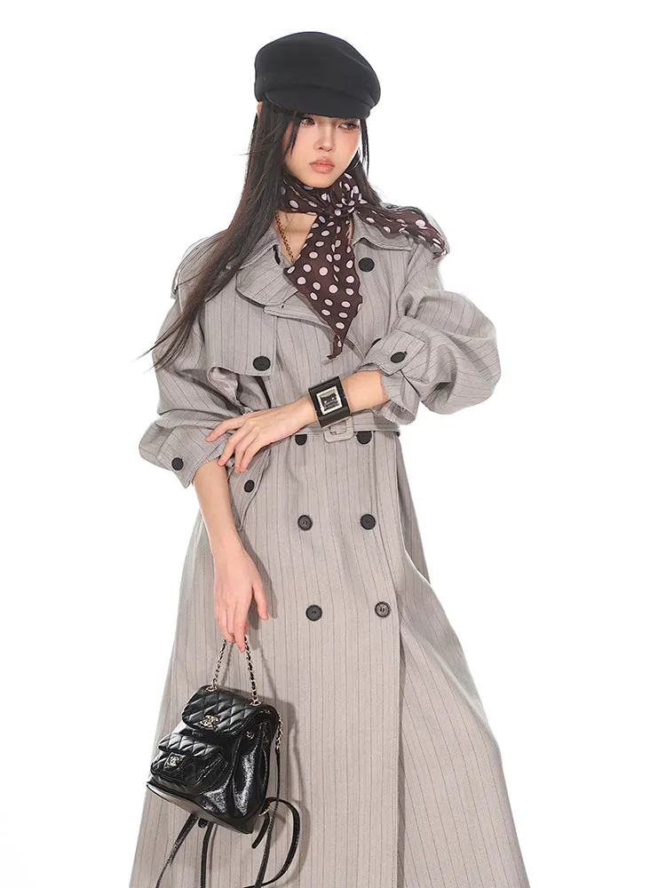 Pinstripe Double-Breasted Trench Coat with Belt Detail