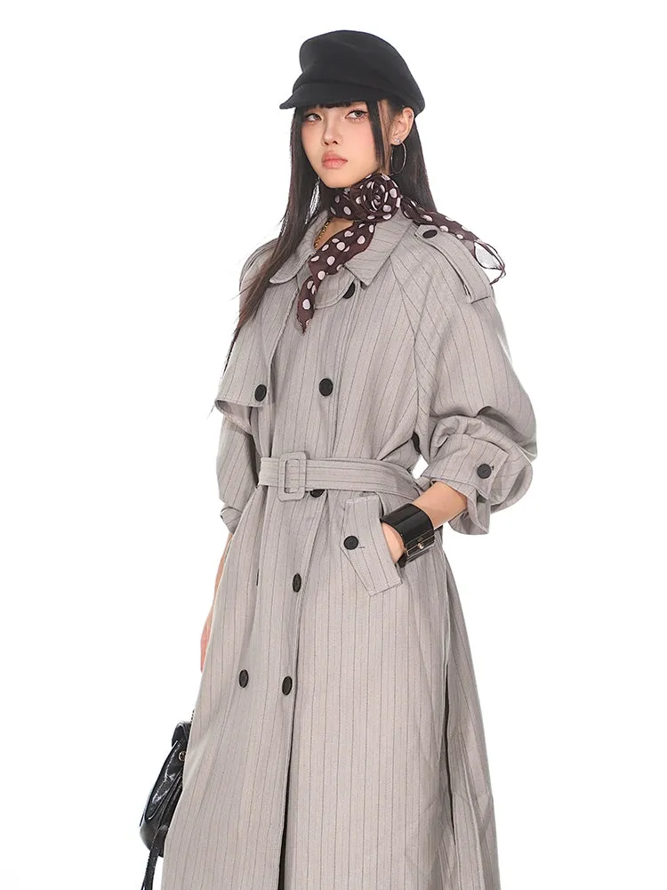 Pinstripe Double-Breasted Trench Coat with Belt Detail