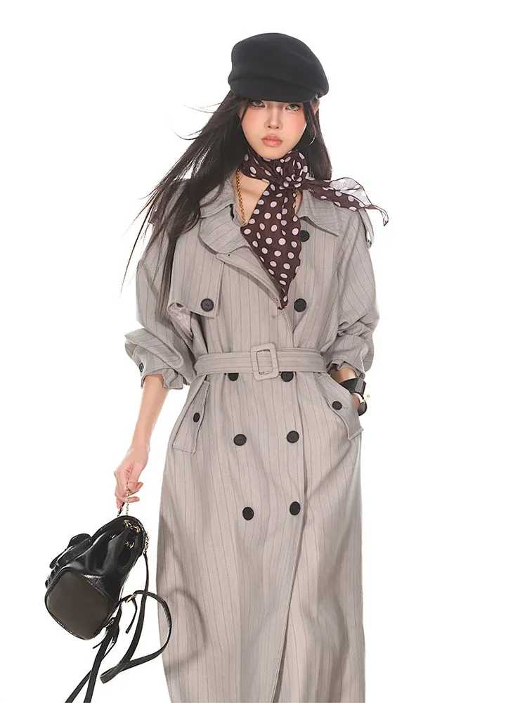 Pinstripe Double-Breasted Trench Coat with Belt Detail