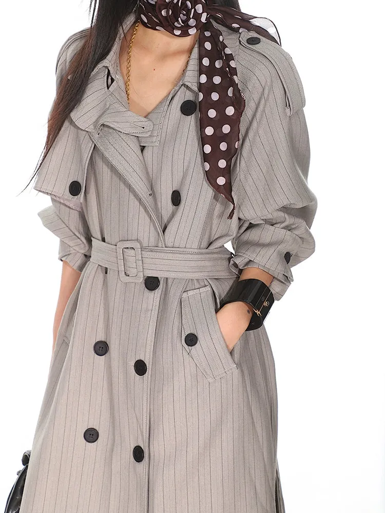 Pinstripe Double-Breasted Trench Coat with Belt Detail