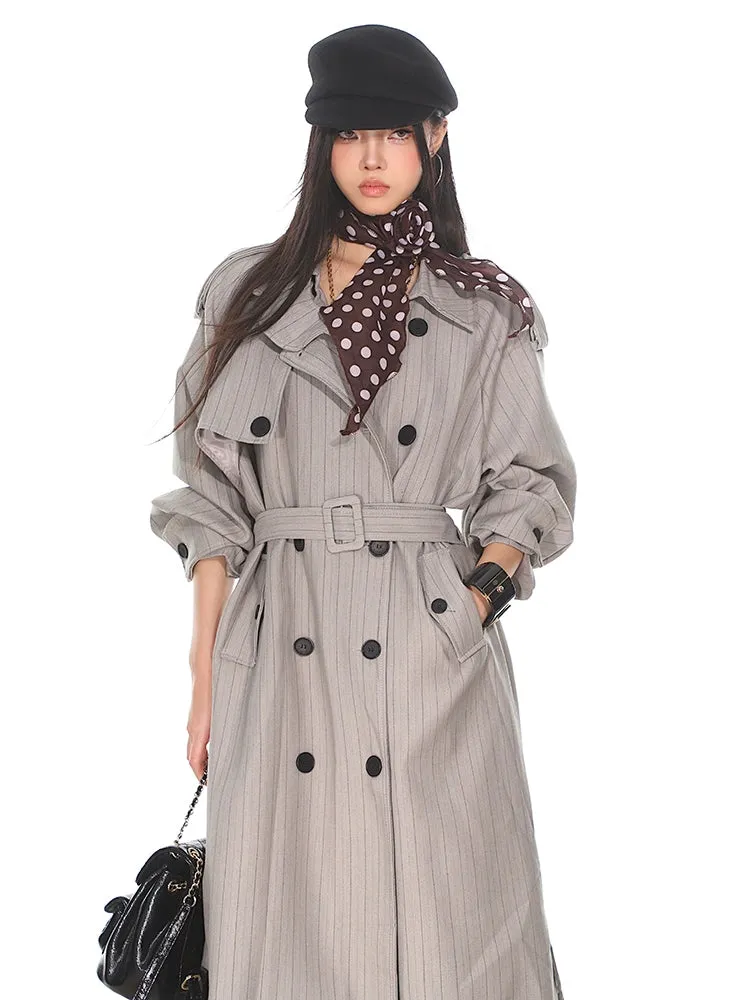 Pinstripe Double-Breasted Trench Coat with Belt Detail