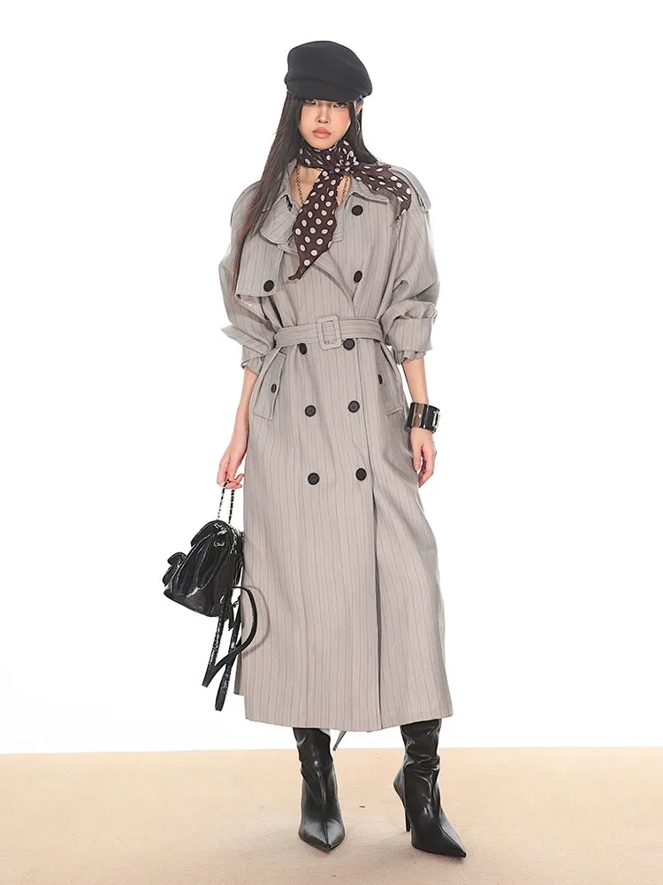 Pinstripe Double-Breasted Trench Coat with Belt Detail